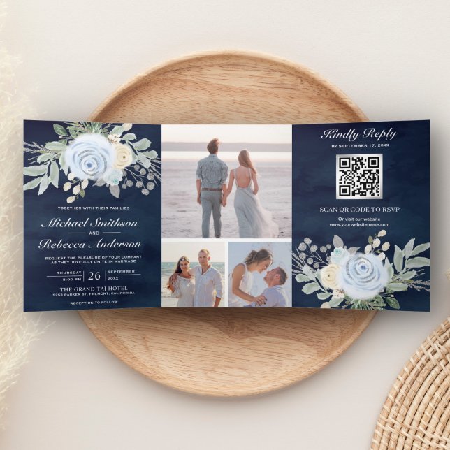 Invitación Tríptica Dusty Blue Floral Código QR Boda de la Marina (Subido por el creador)