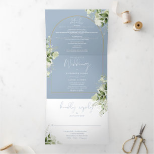 Invitación Tríptica Dusty Blue Greenery Gold Arch Photo Boda