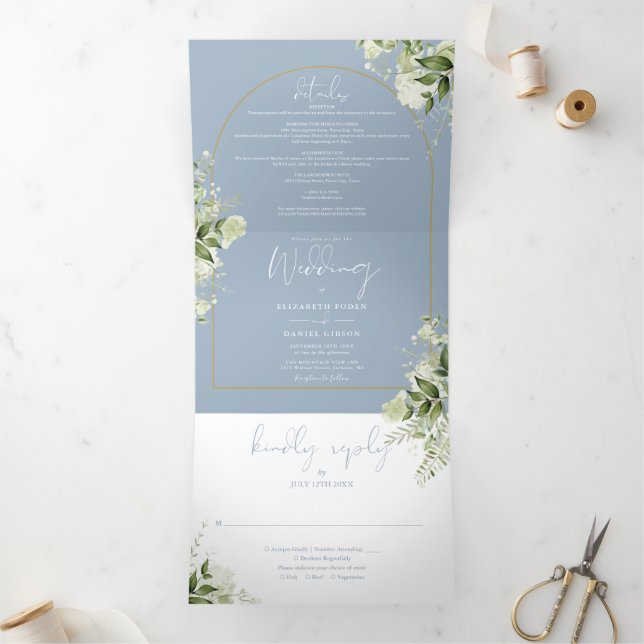 Invitación Tríptica Dusty Blue Greenery Gold Arch Photo Boda (Interior)