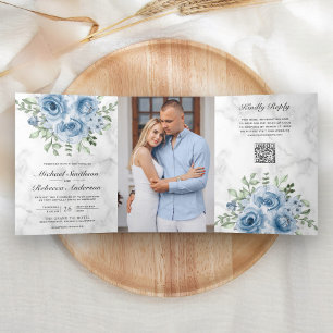 Invitación Tríptica Dusty Blue Rose Foto Código QR Mármol Blanco Boda