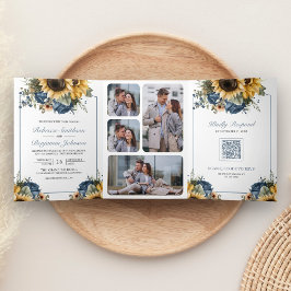Invitación Tríptica Dusty Blue Roses Sunflowers Photo QR Code Wedding