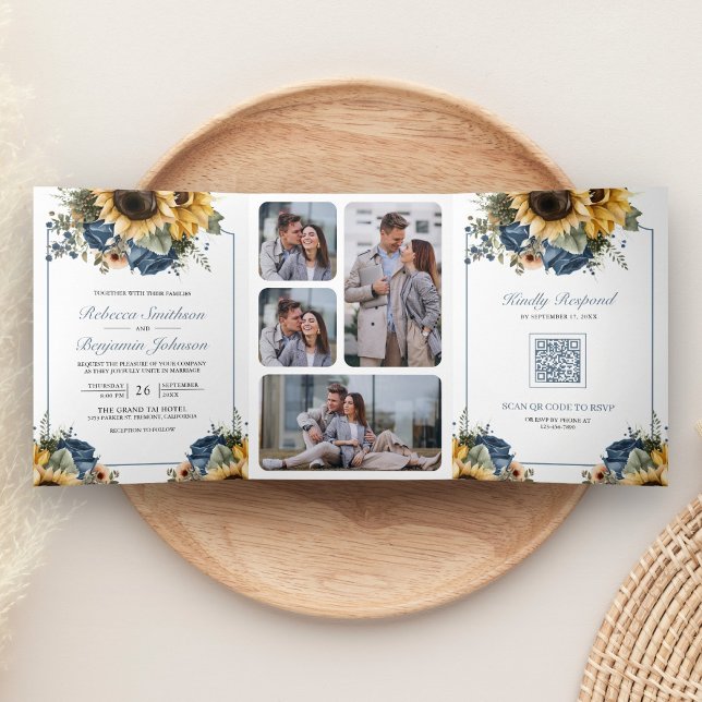 Invitación Tríptica Dusty Blue Roses Sunflowers Photo QR Code Wedding (Subido por el creador)
