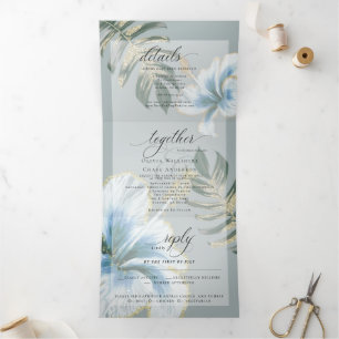 Invitación Tríptica Dusty Blue Watercolor Hibiscus Foliage Boda Tri