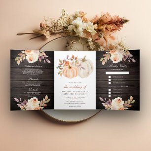 Invitación Tríptica Dusty Peach Floral Pumpkin Barn Wood Boda