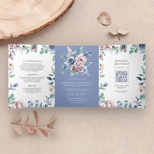 Invitación Tríptica Dusty Periwinkle Blue Pink Floral QR Code Boda