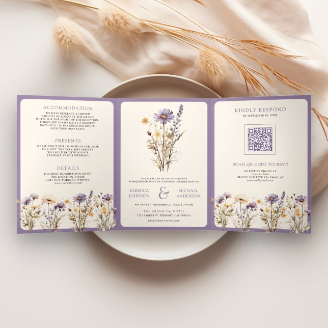 Invitación Tríptica Dusty Purple Boho Wildflower Foto del Boda de códi (Subido por el creador)