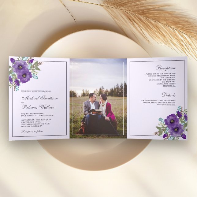 Invitación Tríptica Dusty Purple Watercolor Floral Photo Boda (Subido por el creador)