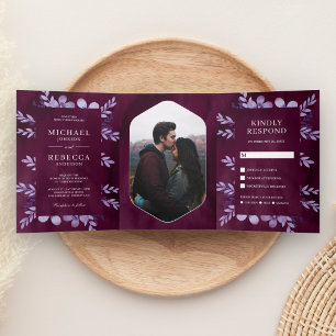 Invitación Tríptica Dusty Purple Watercolor Floral Photo Plum Boda