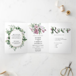 Invitación Tríptica Dusty Rosa Peonies Greenery Boda |