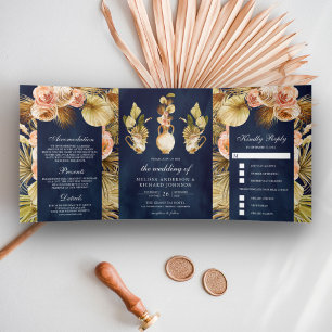 Invitación Tríptica Earthy Floral Pots Dried Palm Naval Boda Azul