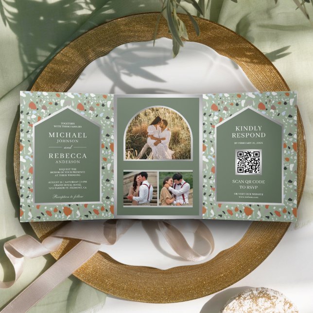 Invitación Tríptica Earthy Sage Green Terrazzo Tile QR Code Boda (Subido por el creador)