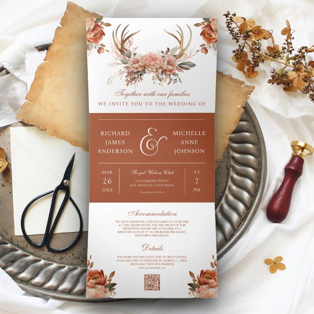 Invitación Tríptica Earthy Terracotta Floral Antlers QR Code Boda (Subido por el creador)