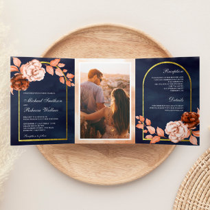 Invitación Tríptica Earthy Watercolor Floral Terracotta Naval Boda