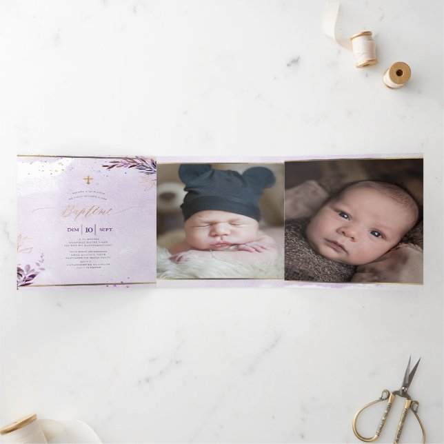 Invitación Tríptica Eggplant Couronne de Feuillage Aquarelle, Bapteme (Interior)