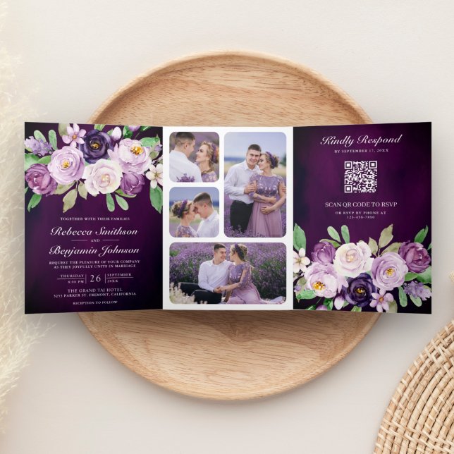 Invitación Tríptica Eggplant Purple Floral QR Código Moody Boda oscuro (Subido por el creador)