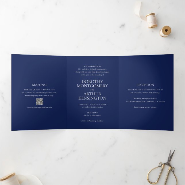 Invitación Tríptica El código QR azul de la Marina moderna matrimonio  (Interior)
