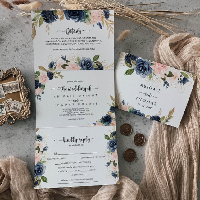 Invitación Tríptica El elegante Boda floral azul dorado de (Subido por el creador)