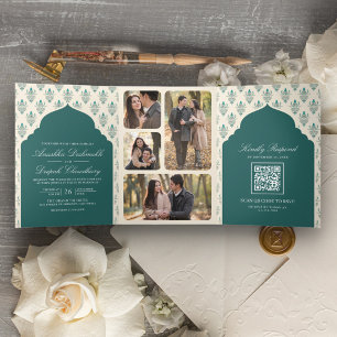 Invitación Tríptica El Ikat cream verde azulado en un Boda indio