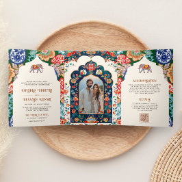 Invitación Tríptica Elefante de arte popular indio vibrante Boda de cr