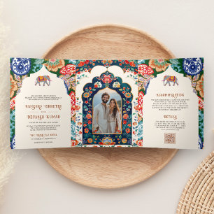 Invitación Tríptica Elefante de arte popular indio vibrante Boda de cr