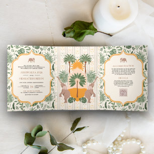 Invitación Tríptica Elefante de Bosque Tropical Todo en Uno Boda India