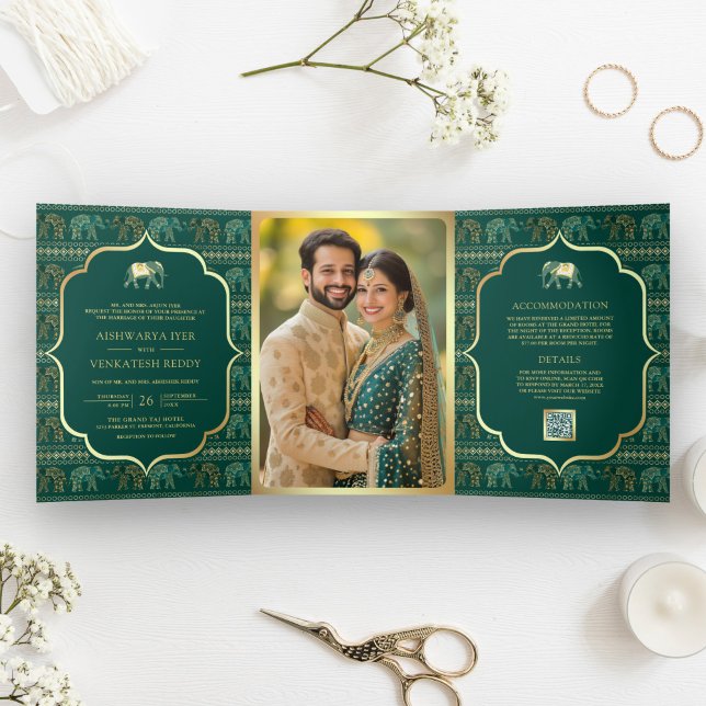 Invitación Tríptica Elefante indio de oro verde esmeralda Boda fotográ (Subido por el creador)
