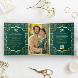 Invitación Tríptica Elefante Indio de Oro Verde Esmeralda Foto de Boda