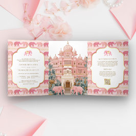 Invitación Tríptica Elefante rosa y dorado Boda fotográfico del Palaci