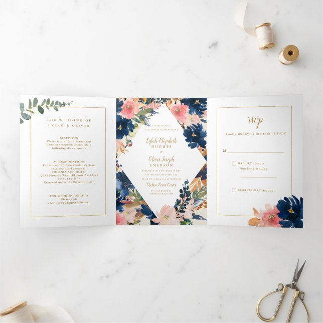 Invitación Tríptica Elegancia salvaje | Boda Naval Rubor & Gold (Interior)