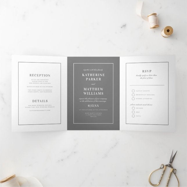 Invitación Tríptica Elegancia subestimada Boda Gris todo en uno (Interior)