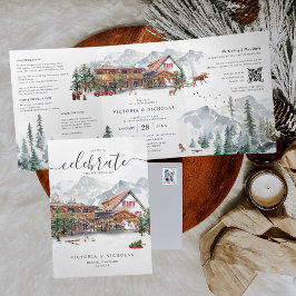 Invitación Tríptica Élégant Chalet de ski de montagne d'hiver Mariage