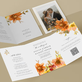 Invitación Tríptica Elegant floral wedding all in one QR code RSVP