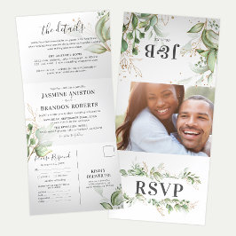 Invitación Tríptica Elegant Greenery and Gold Wedding All In One