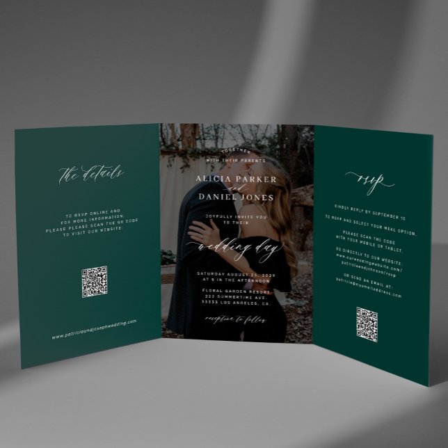 Invitación Tríptica Elegant photo emerald green wedding RSVP detail QR (Subido por el creador)