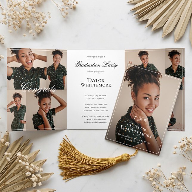 Invitación Tríptica Elegant Script Grad Photo Collage Graduation Party (Elegant Script Grad Photo Collage Graduation Party Tri-Fold Invitation)