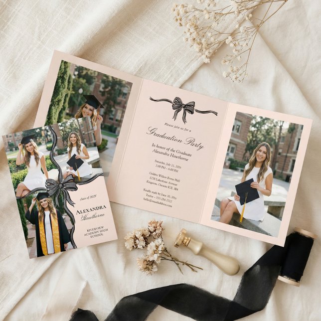 Invitación Tríptica Elegant Stylish Black Bow Ribbon Photo Graduation (Elegant Stylish Black Bow Ribbon Photo Graduation Tri-Fold Invitation)
