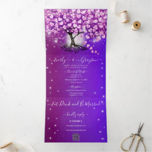 Invitación Tríptica Elegante Árbol de Corazón Hoja Rosa Púrpura Boda