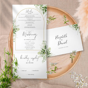 Invitación Tríptica Elegante Arco de Oro Botánico Verde Foto Boda
