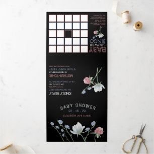 Invitación Tríptica Elegante Black, Wildflower Baby Shower Suite