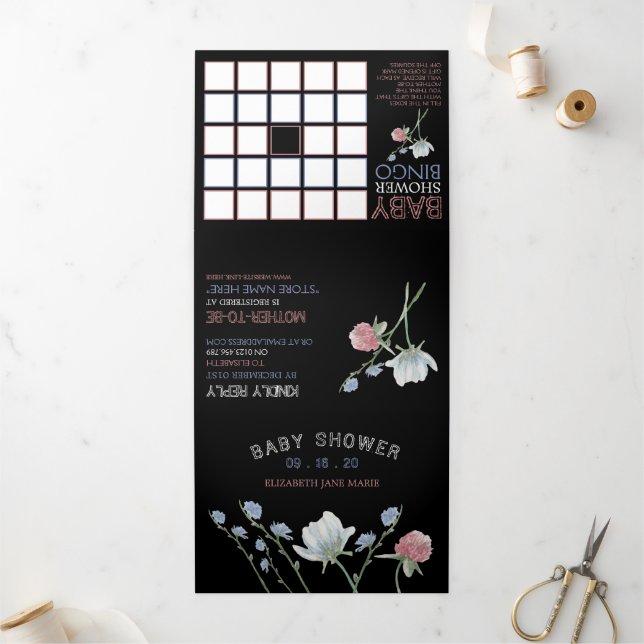 Invitación Tríptica Elegante Black, Wildflower Baby Shower Suite (Exterior)