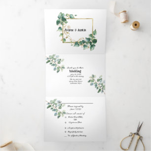 Invitación Tríptica Elegante blanco con Boda de recorte de eucalipto