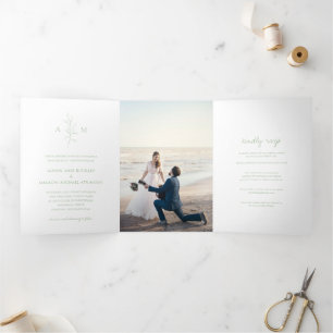 Invitación Tríptica Elegante Boda Botánica Verde Salvia Limpia Fotogra