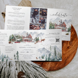 Invitación Tríptica Elegante Boda Chalet de esquí de invierno
