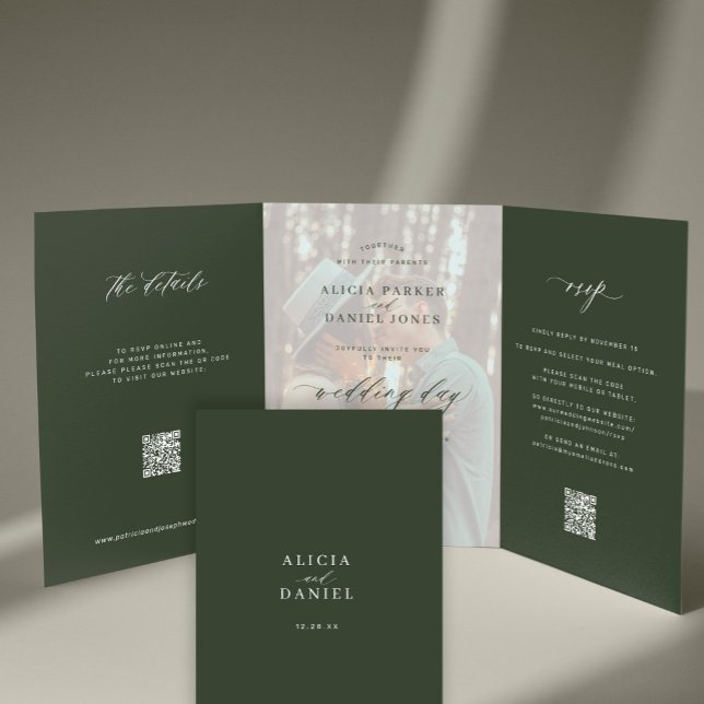 Invitación Tríptica Elegante boda clásica de fotografía verde oscuro R (Subido por el creador)