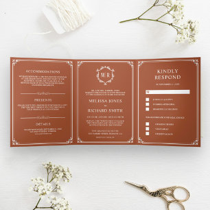 Invitación Tríptica Elegante Boda clásico de Monograma Terracota