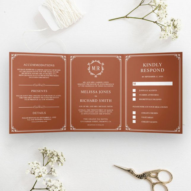 Invitación Tríptica Elegante Boda clásico de Monograma Terracota (Subido por el creador)