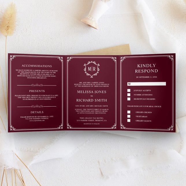 Invitación Tríptica Elegante Boda clásico del Monograma de Borgoña (Subido por el creador)