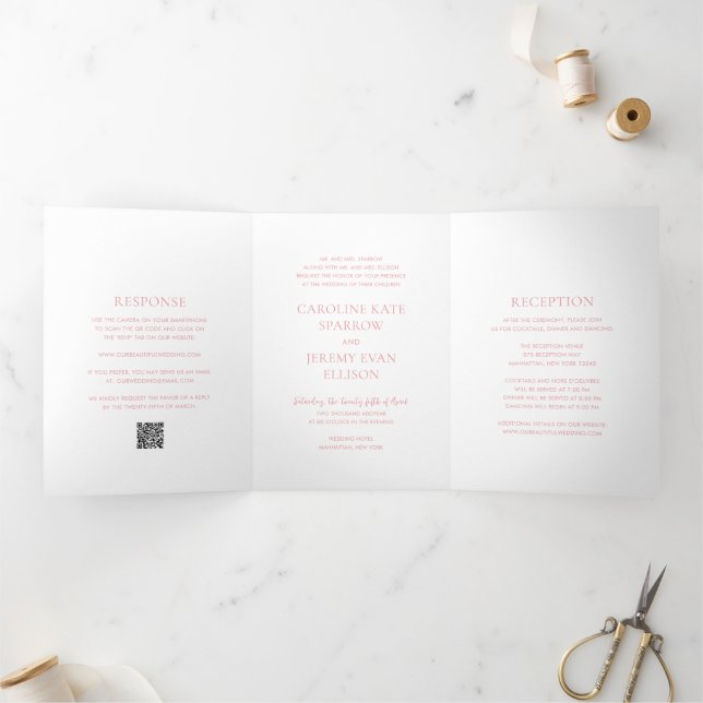 Invitación Tríptica Elegante Boda Código QR Rosa Limpio (Interior)