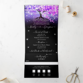 Invitación Tríptica Elegante Boda de árbol de hojas de corazón rosado