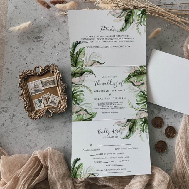 Invitación Tríptica Elegante Boda de caligrafía de vegetación dorada (Subido por el creador)